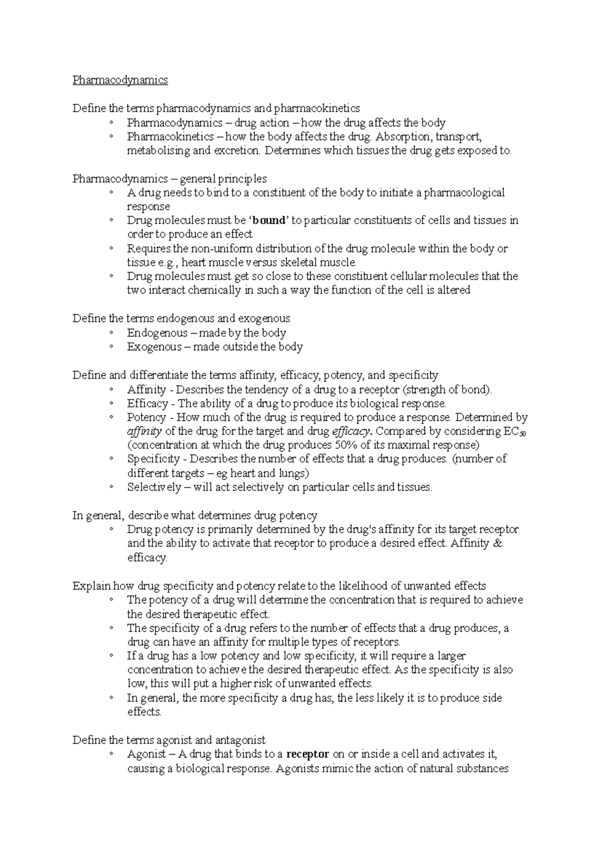 PHAR 301 Pharmacodynamics: Comprehensive Study Notes on Drug Actions ...