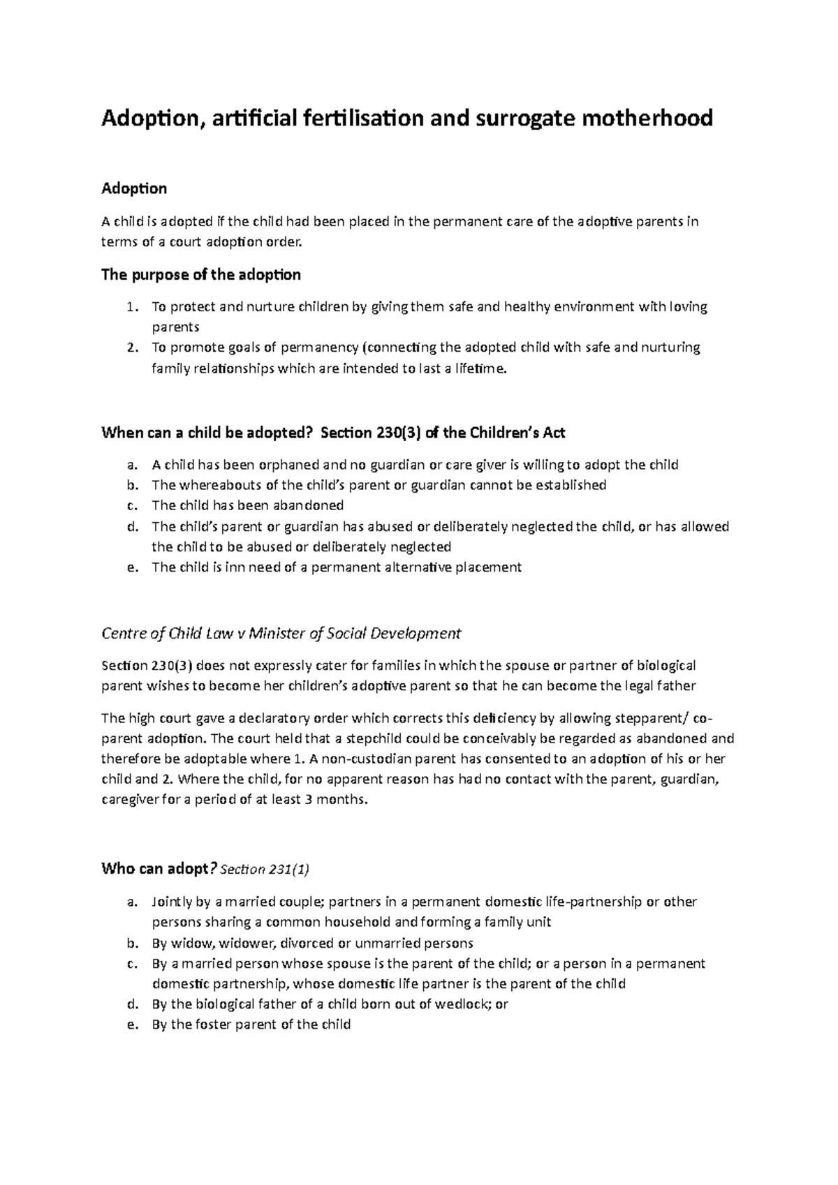 Adoption, Artificial Fertilisation & Surrogate Motherhood Notes - Studocu