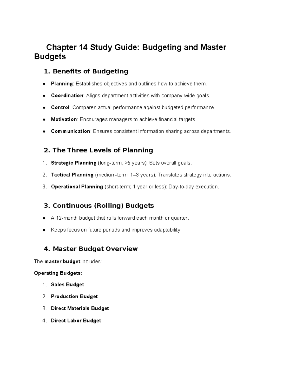 Chapter 14 Study Guide: Budgeting and Master Budgets Overview - 📘 ...