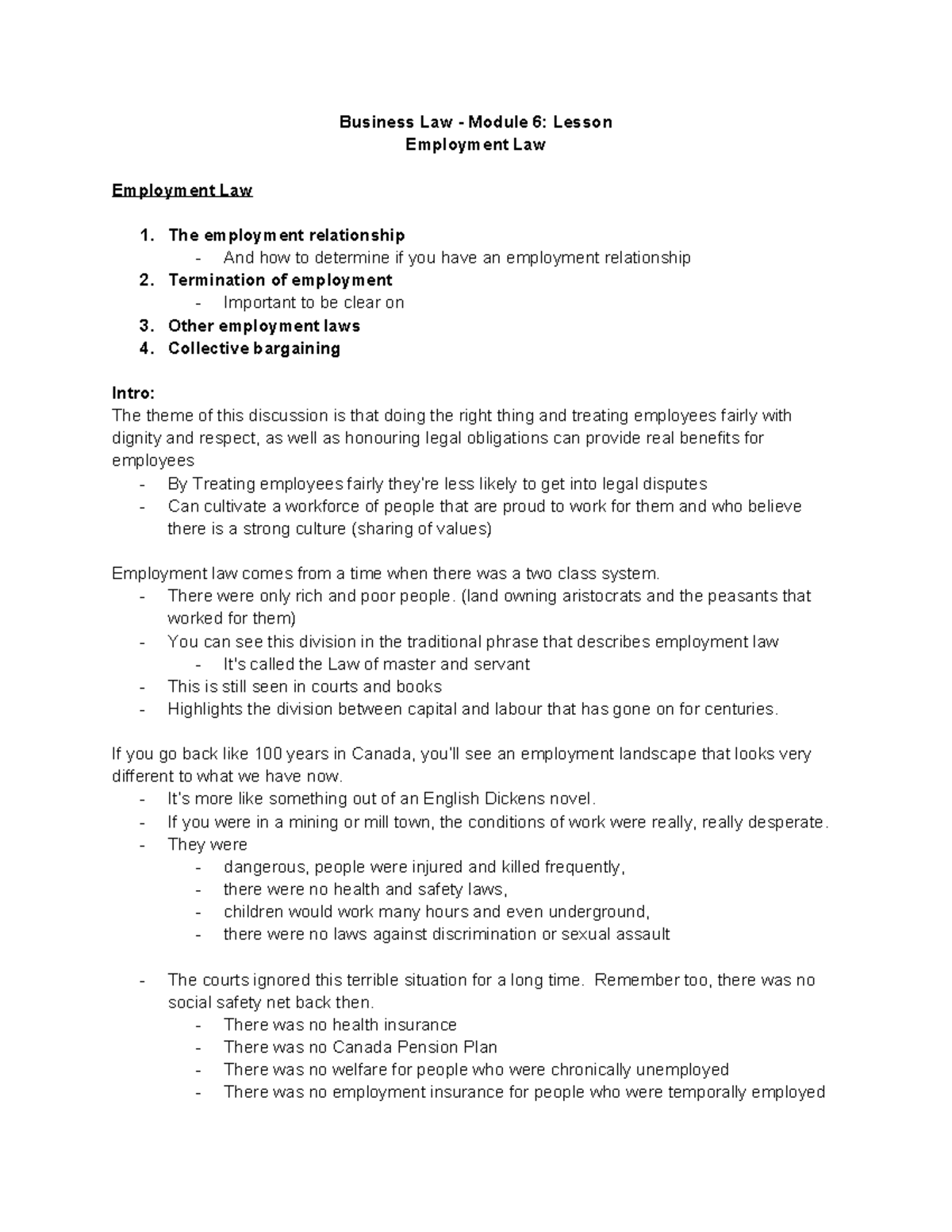 Business Law - Module 6: Lesson on Employment Law and Termination - Studocu