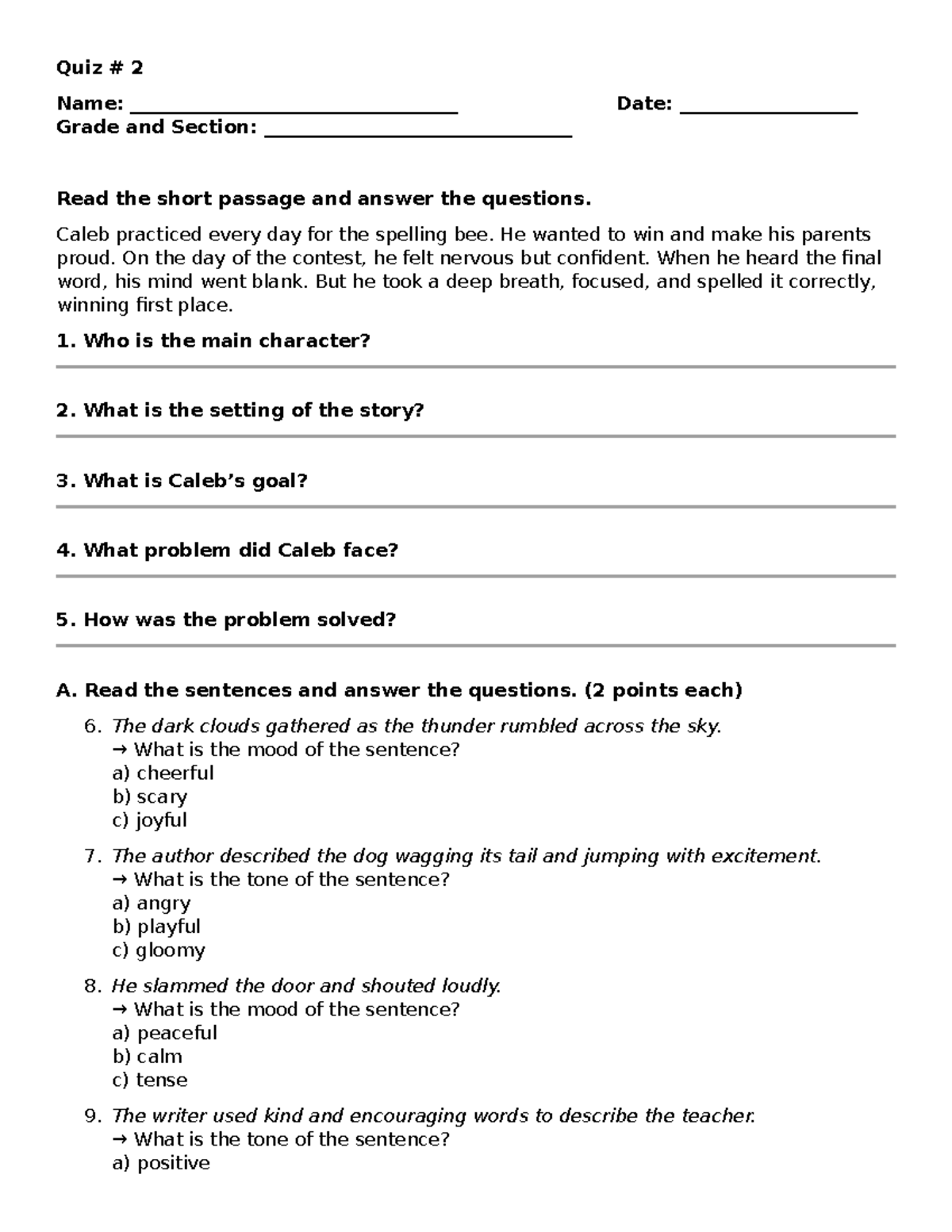 Quiz 2 - G5 Reading Comprehension & Analysis Questions - Studocu