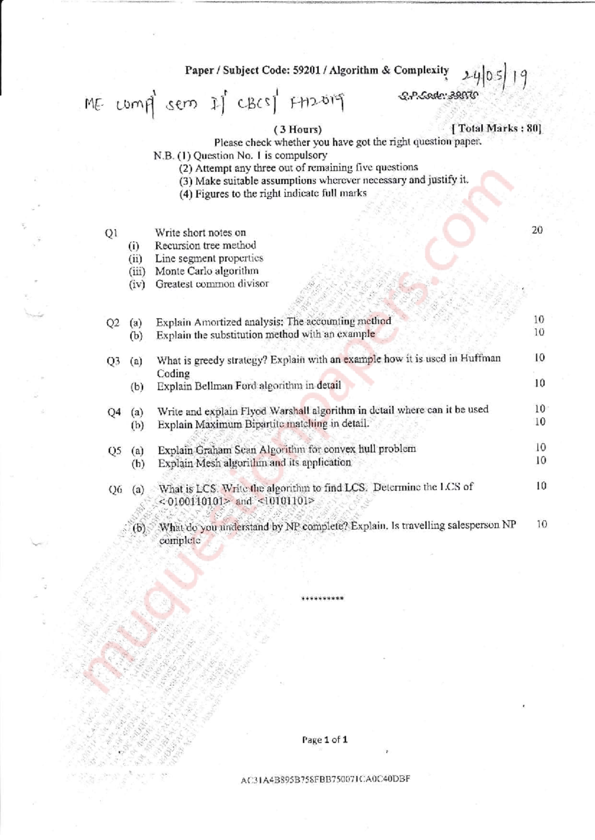 Algorithm Complexity Exam Paper: ME-Computer SEM1 AC-Cbcgs MAY19 - Studocu
