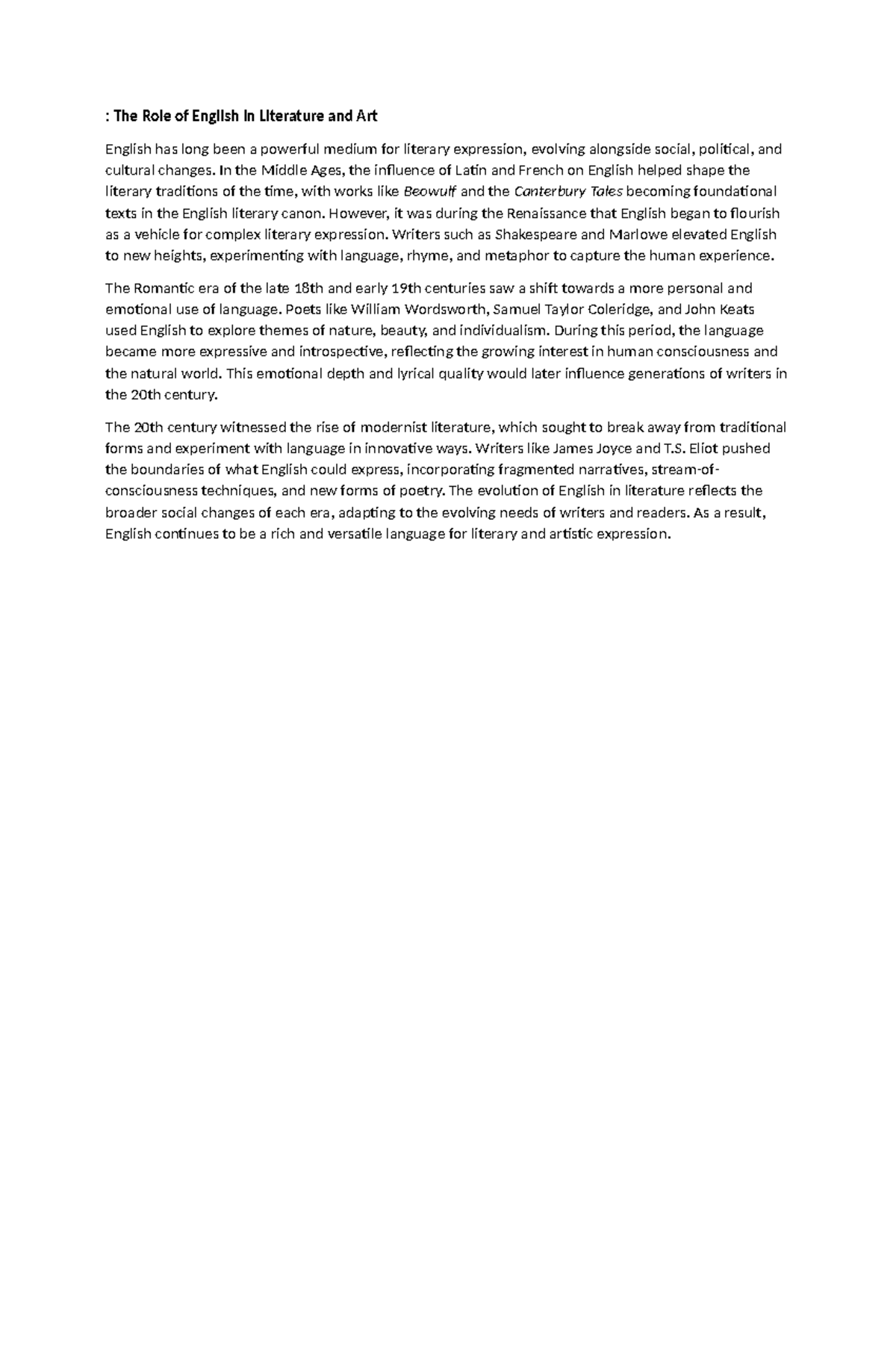 The Role of English in Literature and Art - In the Middle Ages, the ...