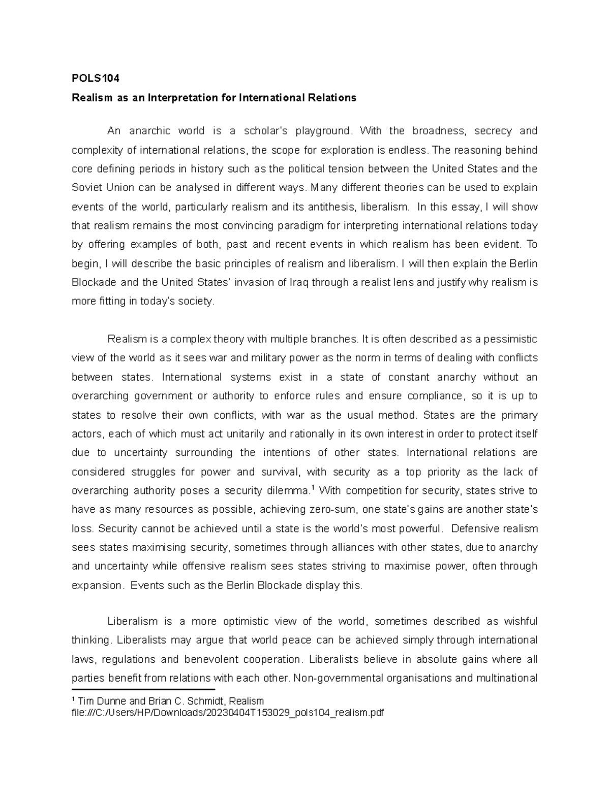 POLS104 Final Essay: The Case for Realism in International Relations ...