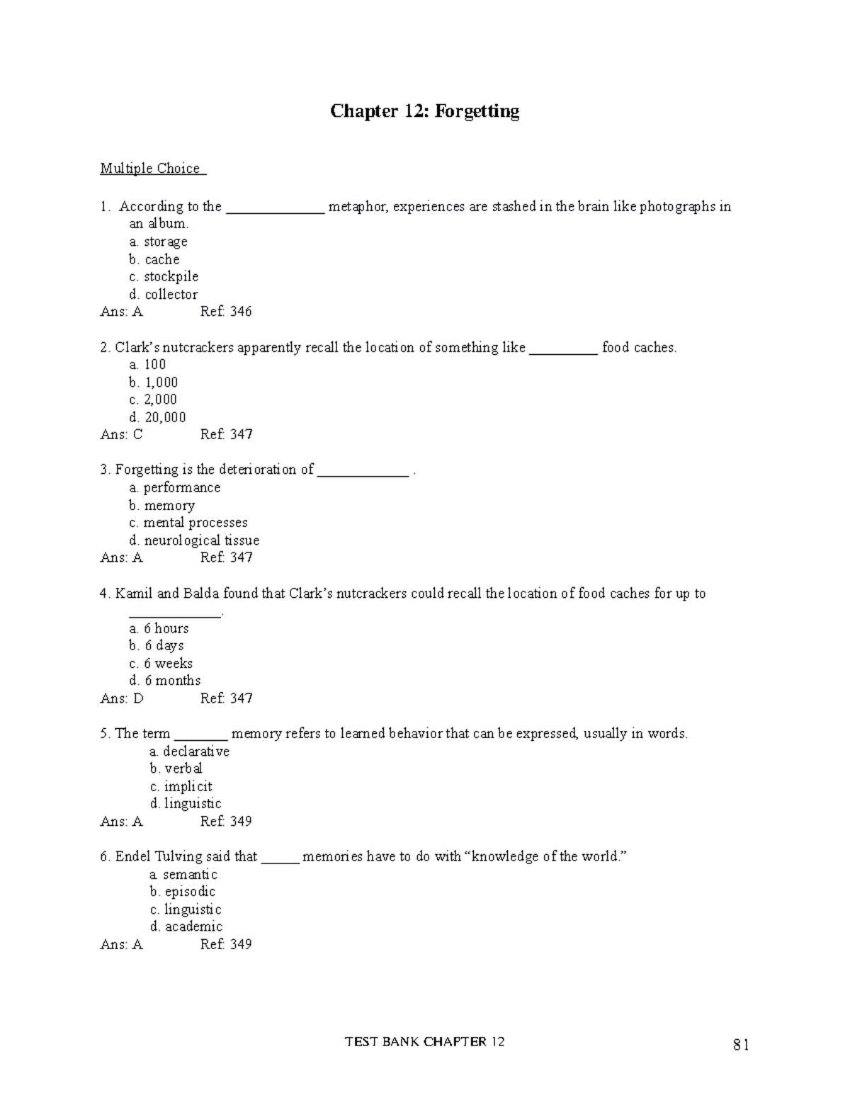 Chance 7e TB Ch12 - Chapter 12 Test Bank on Forgetting Concepts - Studocu