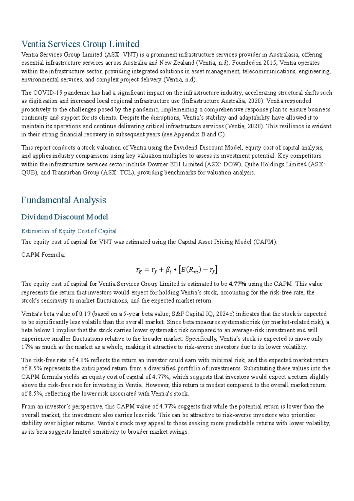 FINM1415 Share Valuation Report: Analyzing Ventia Services Group ...