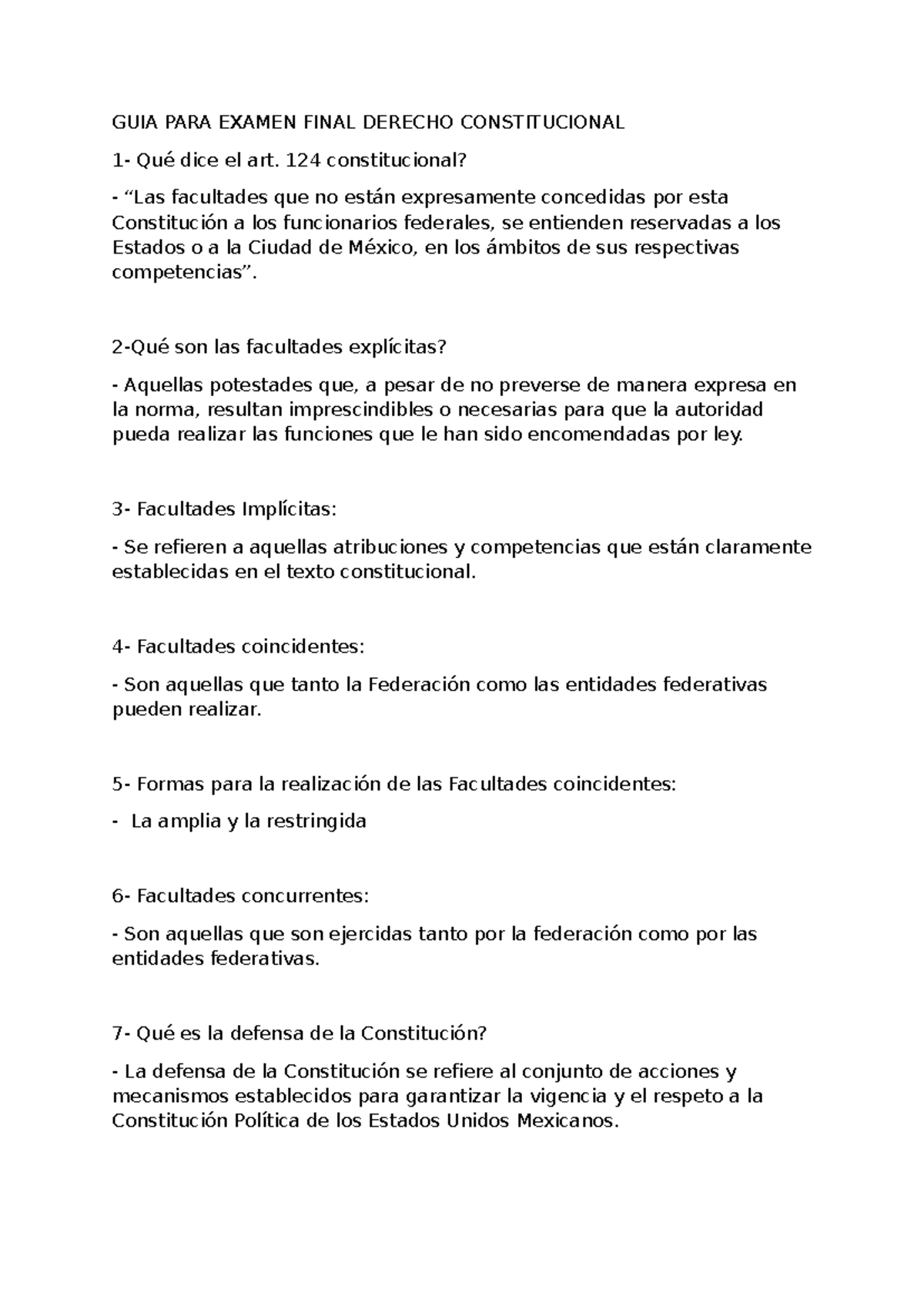 GUÍA PARA EXAMEN FINAL DERECHO CONSTITUCIONAL - ART. 124 Y MÁS - Studocu