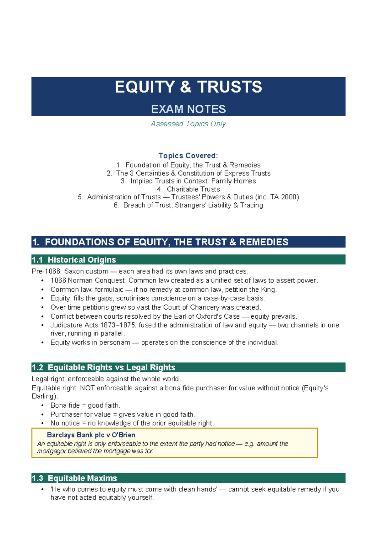 EQUITY TRUSTS EXAM NOTES (Course Code: LAW123) - Key Topics Overview ...