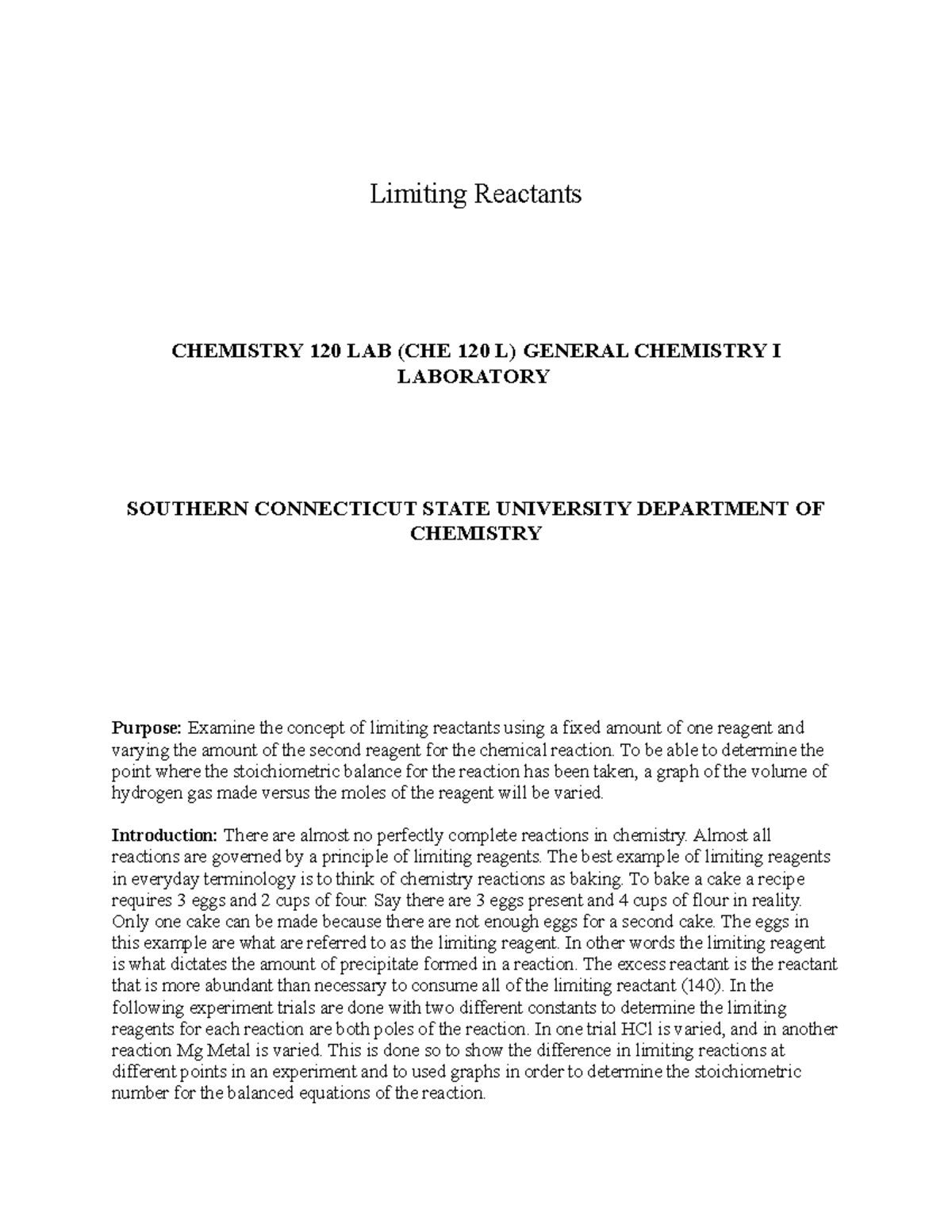 Formal Lab Report Limiting Reactants - Limiting Reactants CHEMISTRY 120 ...