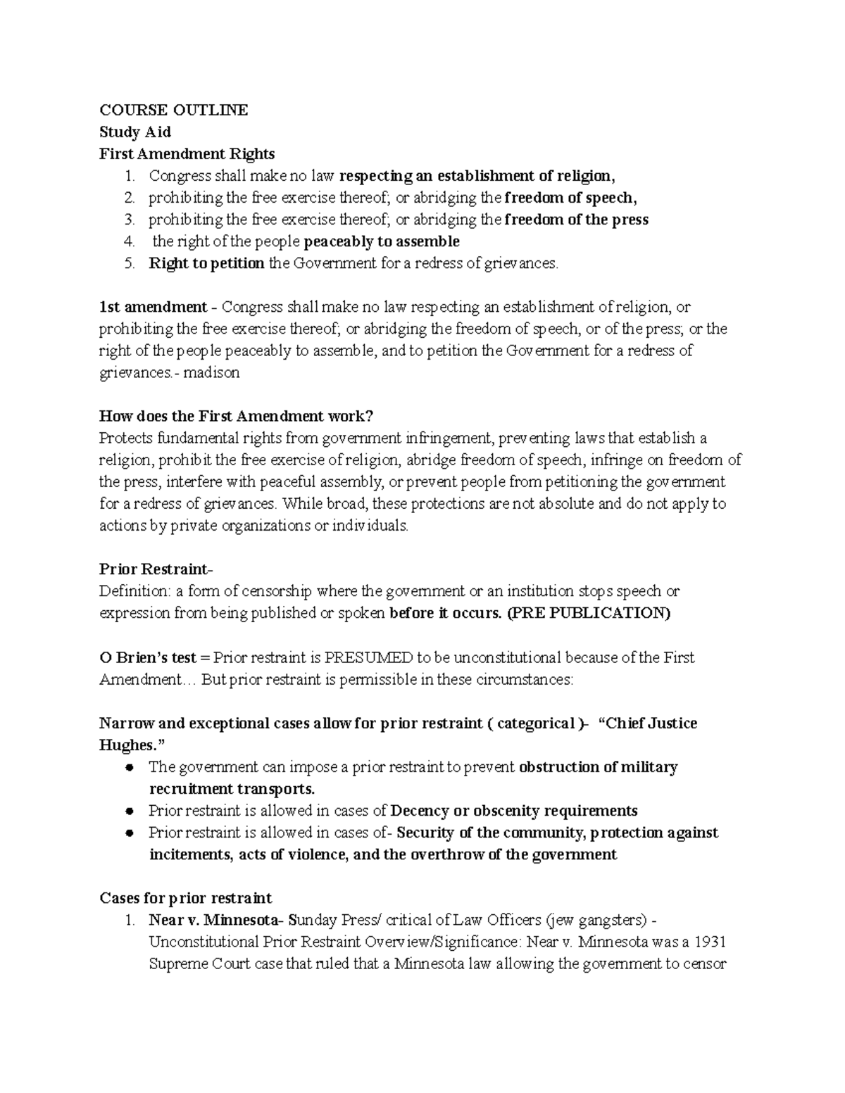 COM 20505 Final Exam Study Aid: First Amendment Rights Overview - Studocu