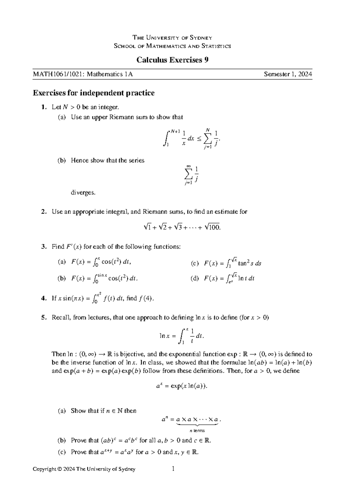 Calculus Exercises 9 for MATH 1A - Semester 1, 2024 - Studocu