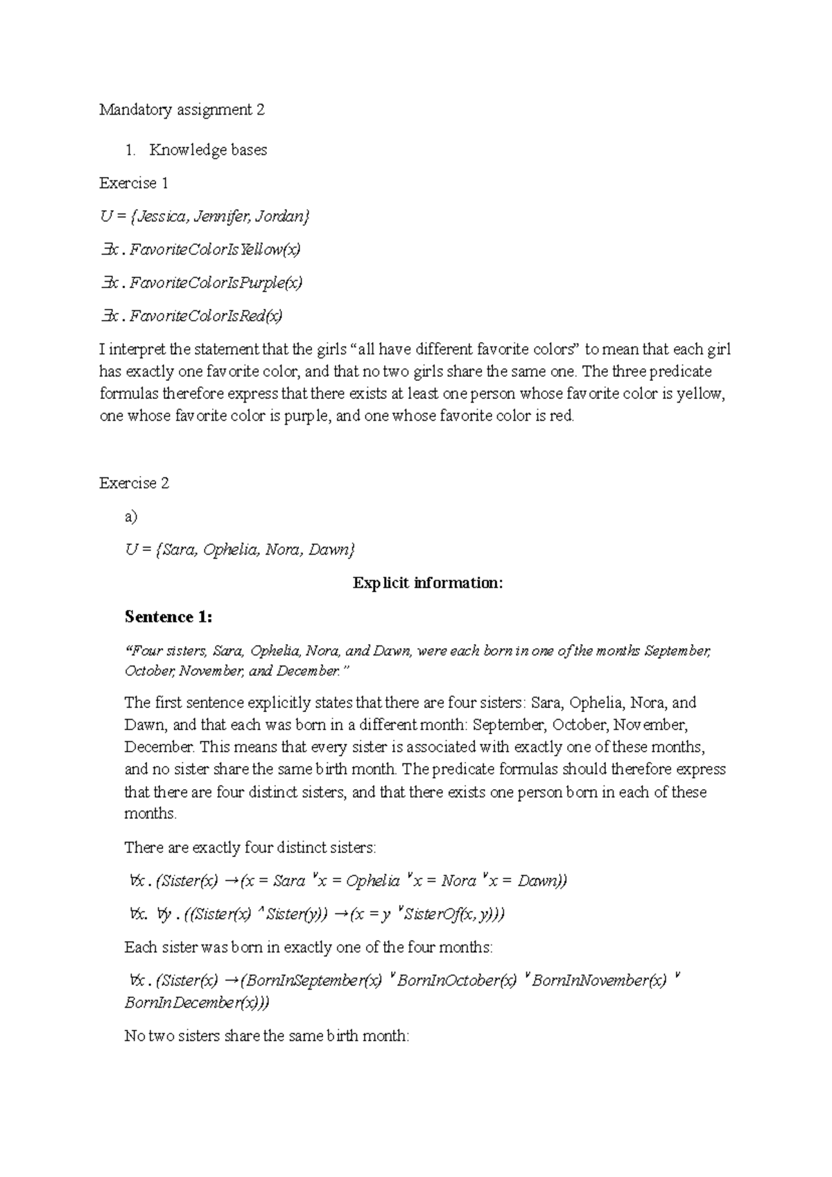Assignment 2: Knowledge Bases and Predicate Logic Exercises - Studocu