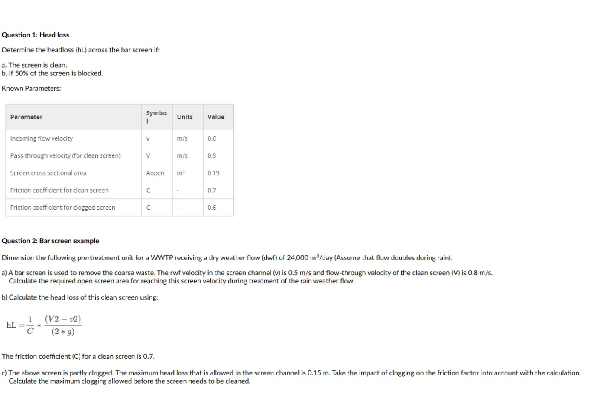 WW Treatment Questions: Head Loss & Bar Screen Calculations - Studeersnel