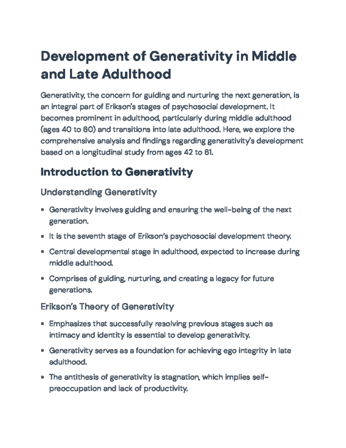 Development of Generativity in Middle & Late Adulthood: A Longitudinal ...