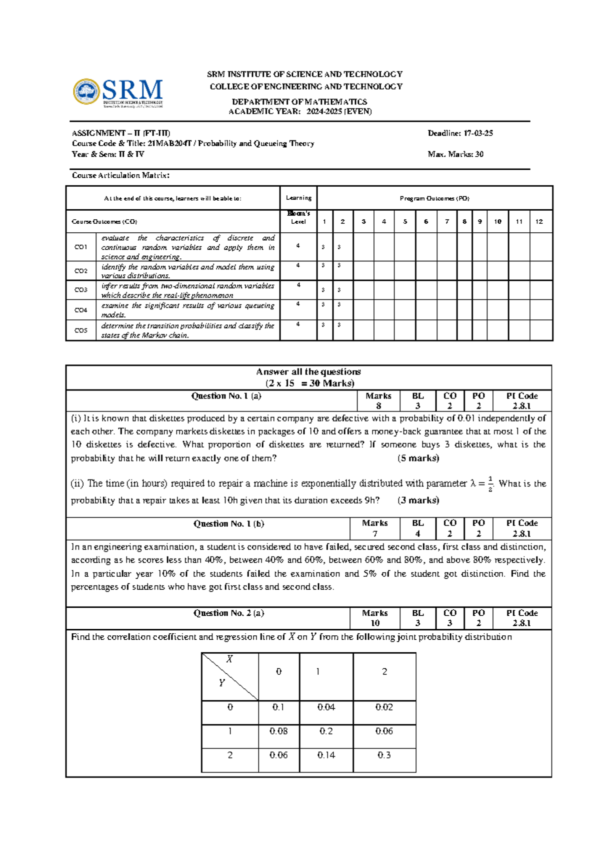 Assignment II-21MAB204T (2024-25) - SRM INSTITUTE OF SCIENCE AND ...