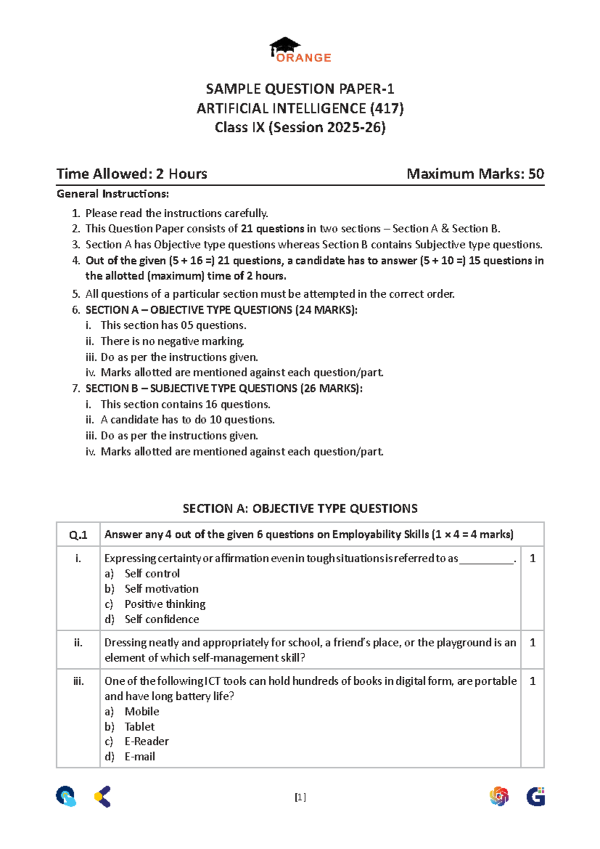 AI 417 Class IX Sample Question Paper - Employability Skills - Studocu