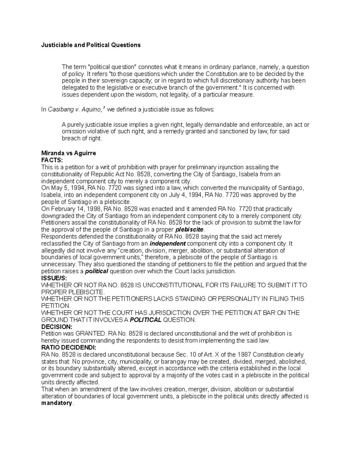 Justiciable vs. Political Questions: An Analysis of RA No. 8528 - Studocu