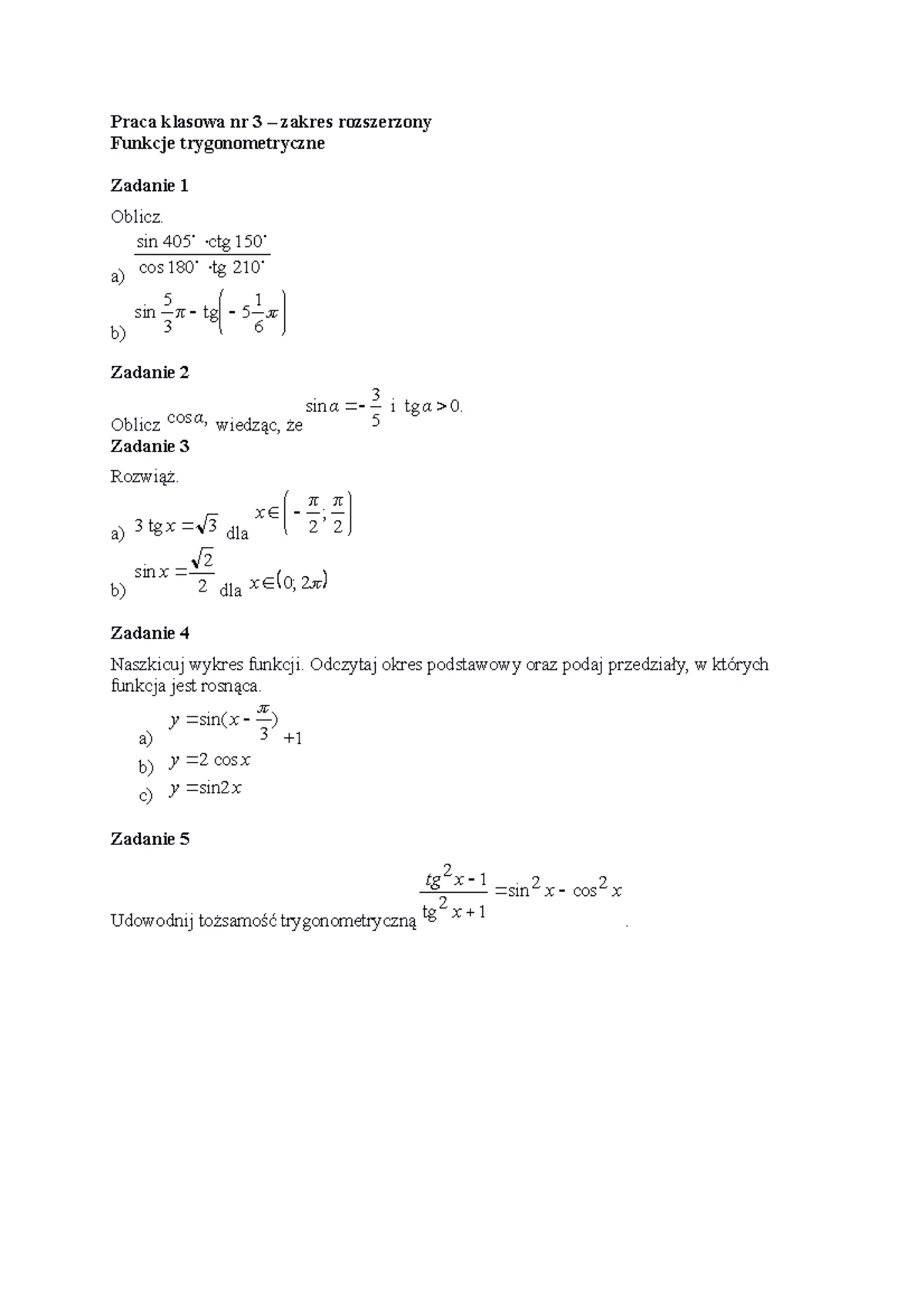 Matematyka 2 Funkcje Trygonometryczne Sprawdzian Pdf