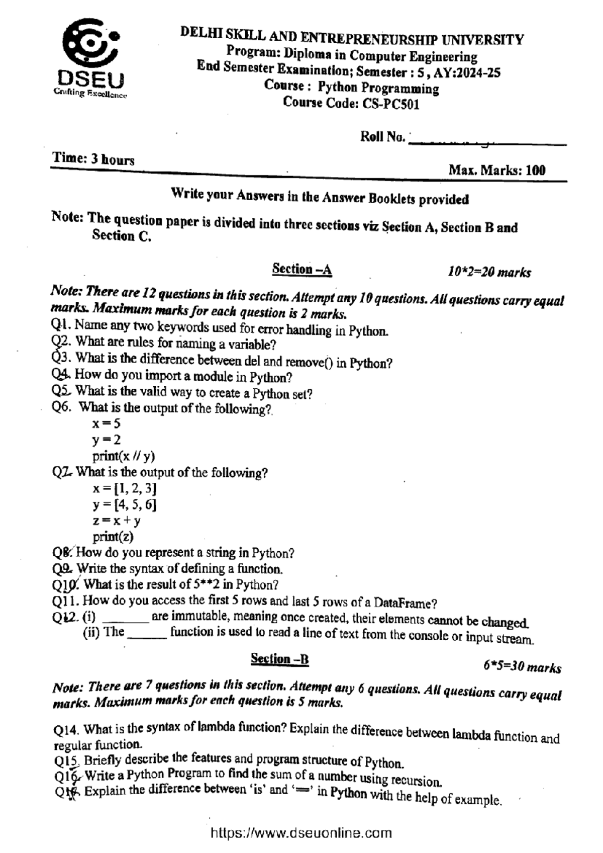 Diploma in Computer Engineering: Python Programming Exam (CS-PC501 ...