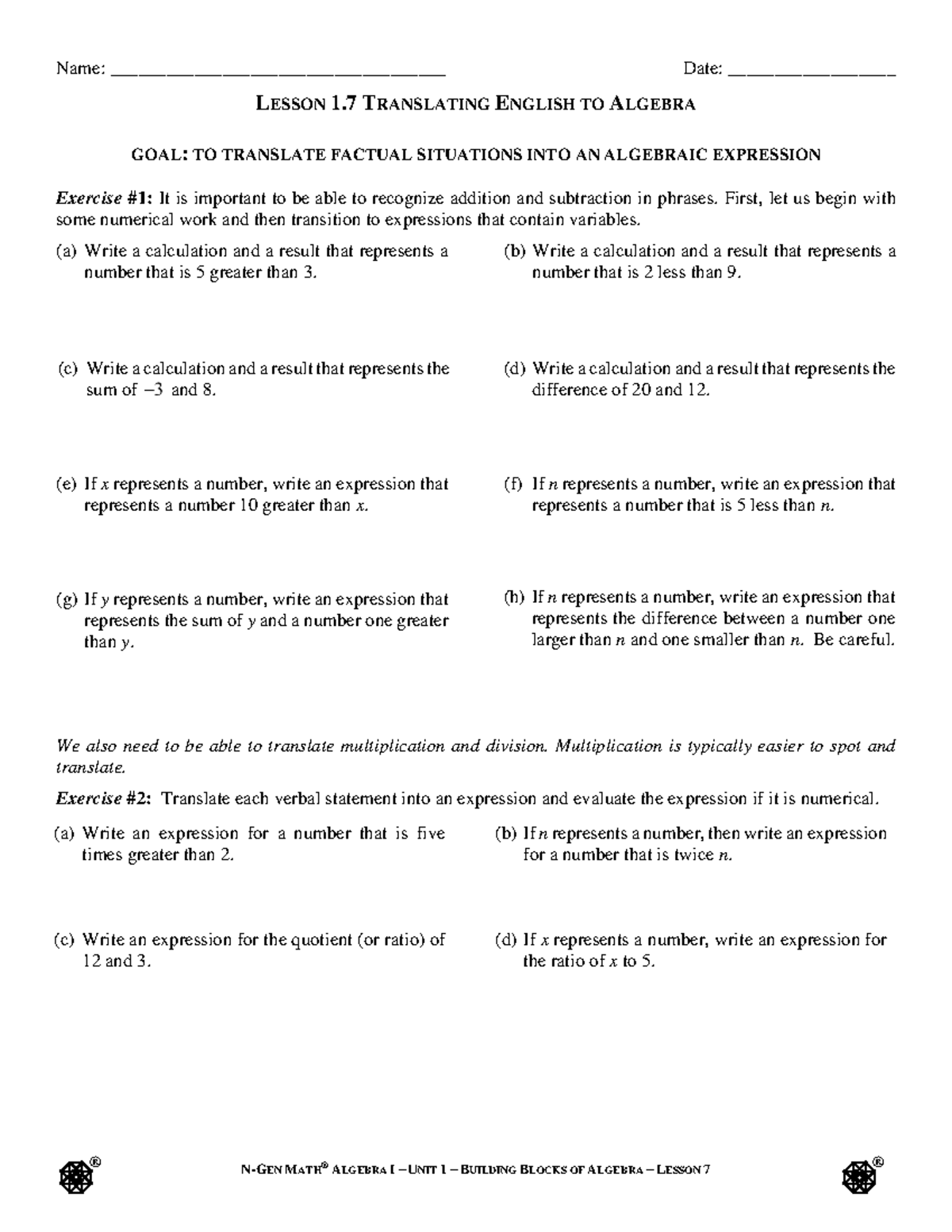 N-GEN MATH® ALGEBRA I – UNIT 1 – LESSON 7: TRANSLATING ENGLISH TO ...