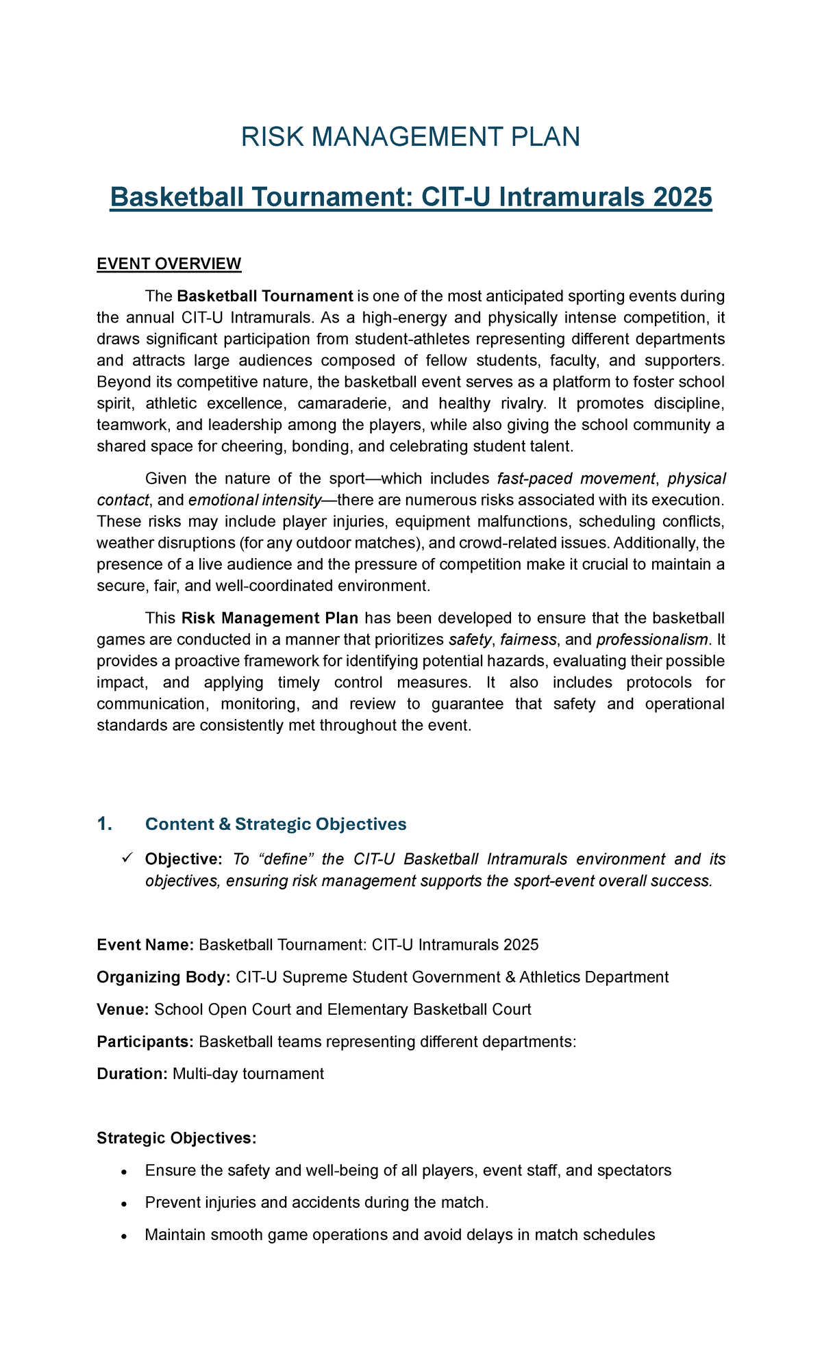 RISK MANAGEMENT PLAN for Basketball Tournament: Intramurals 2025 - Studocu