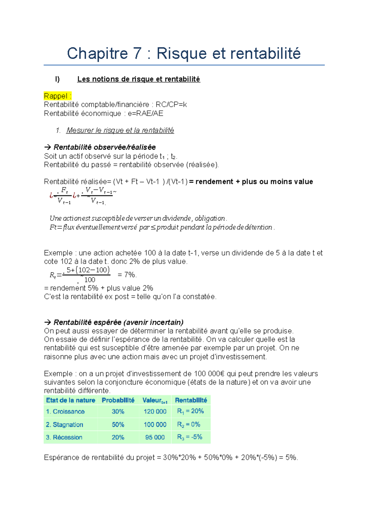 Chapitre 7 : Risque et Rentabilité - L3 Gestion - Studocu