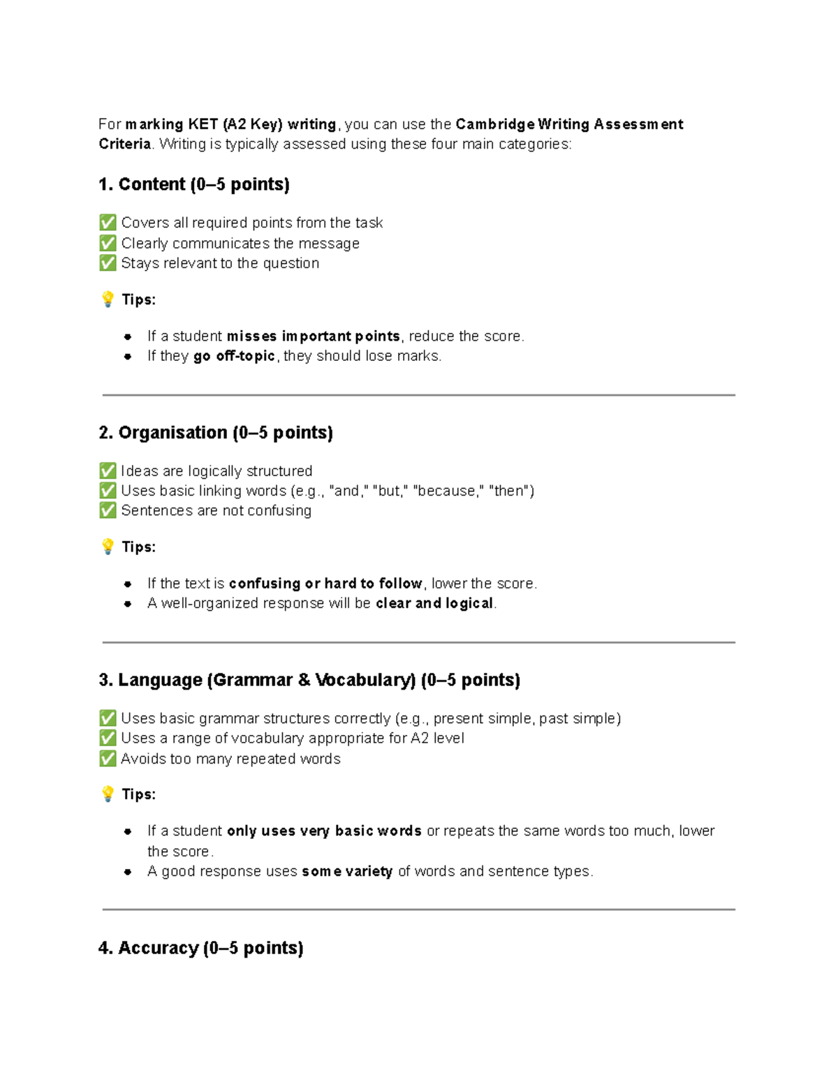 KET (A2 Key) Writing Assessment Rubric and Criteria - Studocu