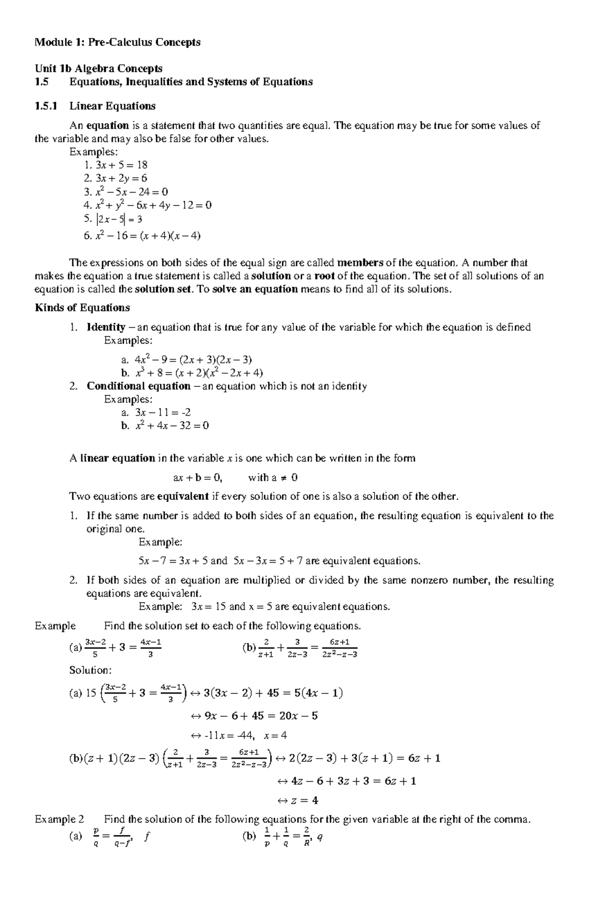 Pre-Calculus: Unit 1b Algebra Concepts and Equations Insights - Studocu