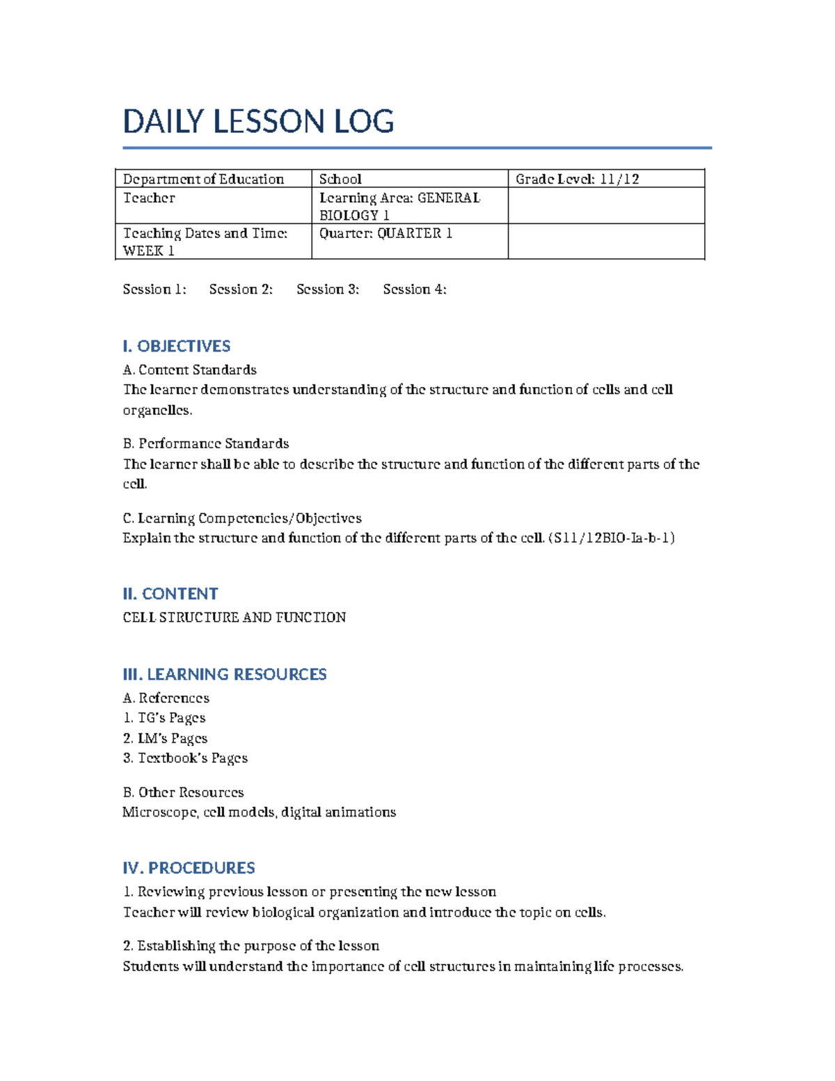 DLL: General Biology 1 - Cell Structure & Function Lesson Log - Studocu