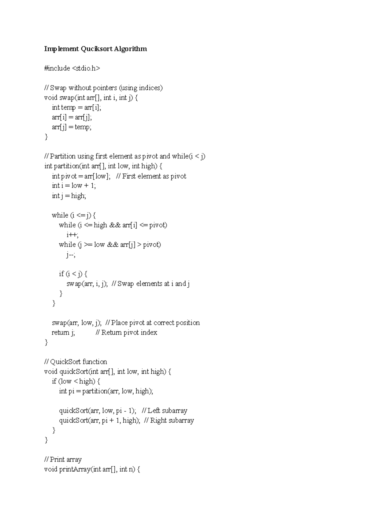 QuickSort Algorithm Implementation (LAB 5) - Studocu