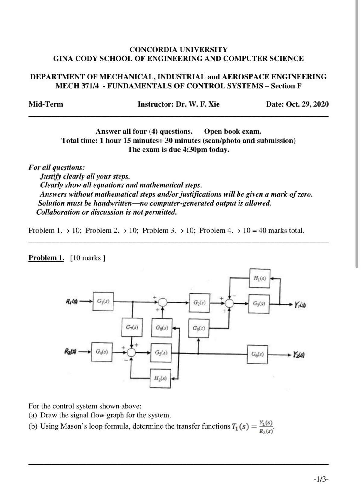 MECH 202 Midterm Exam: Control Systems Fundamentals - Fall 2020 - Studocu