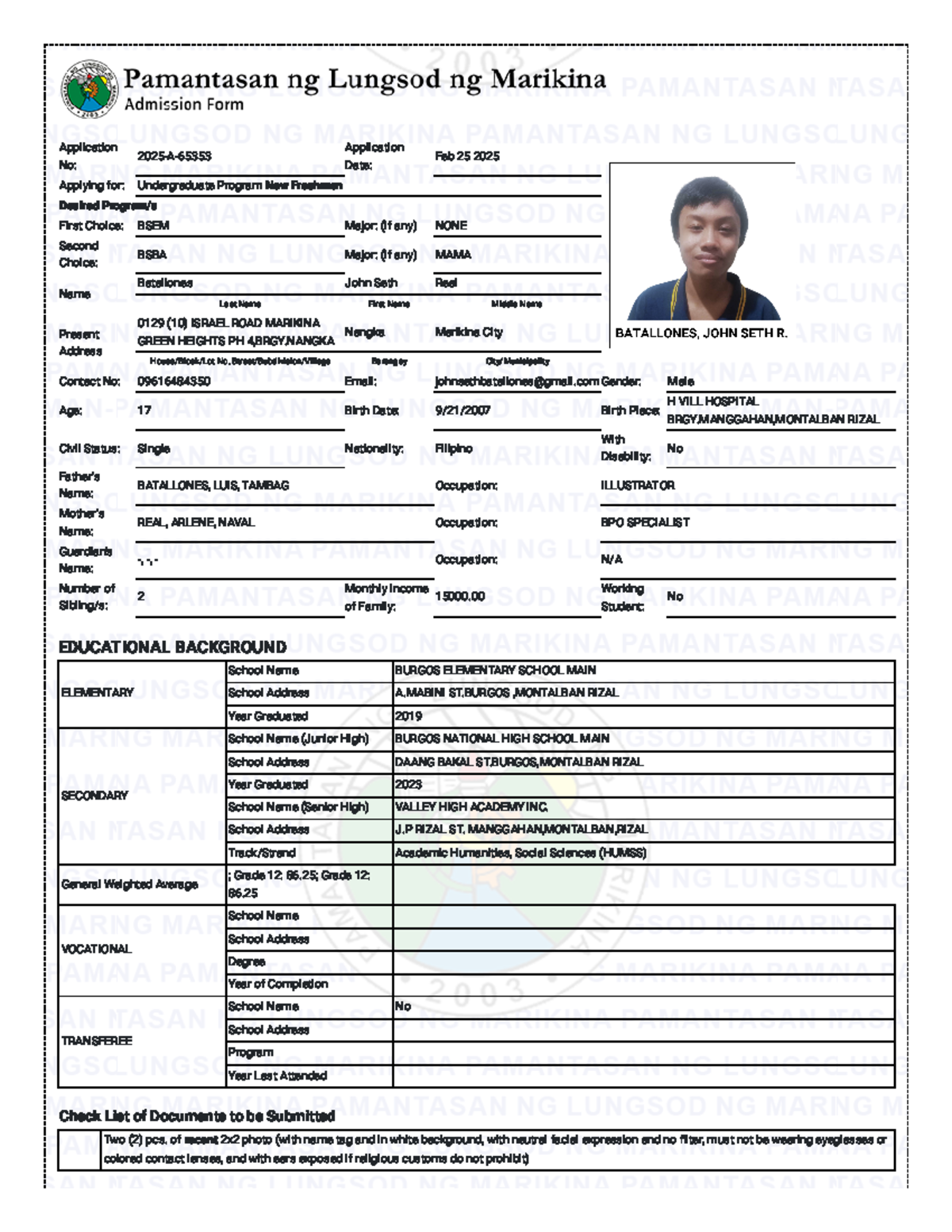 PLMar Admission Form for Undergraduate Program - 2025 Application - Studocu