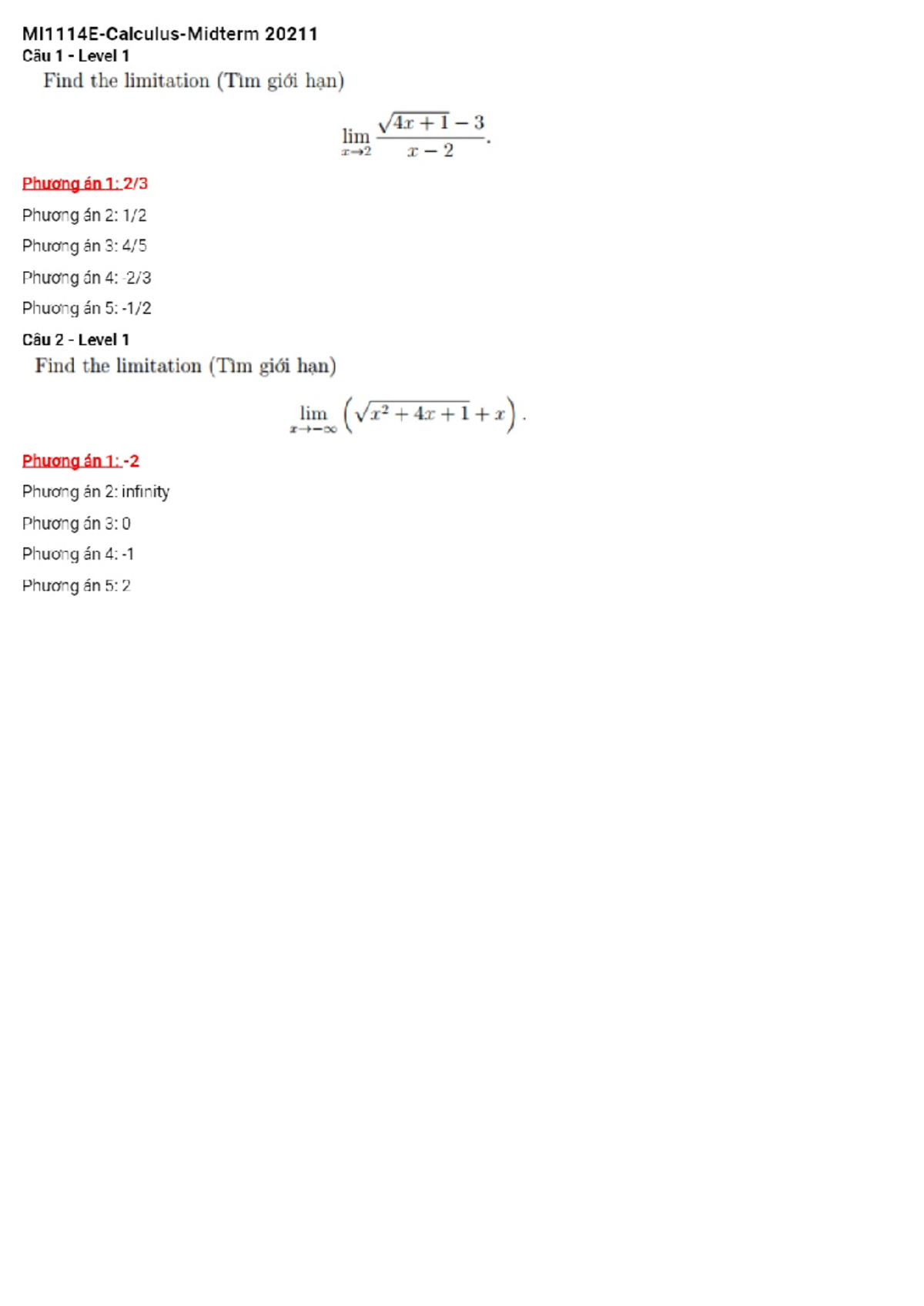MI1114E-Calculus-1-Midterm Exam Questions and Solutions 20211 - Studocu