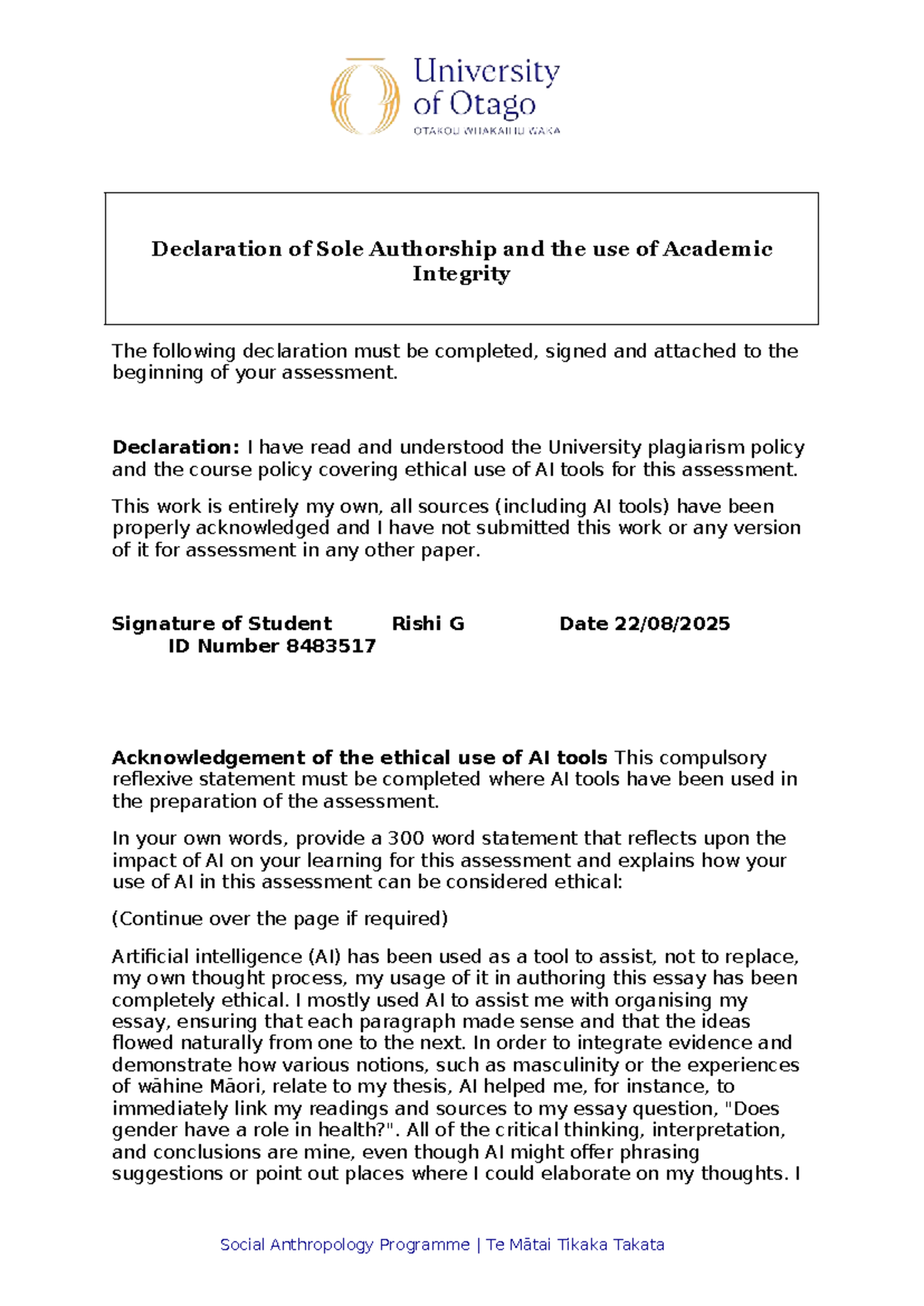 Declaration of Sole Authorship and Ethical AI Use in POPH Essay - Studocu