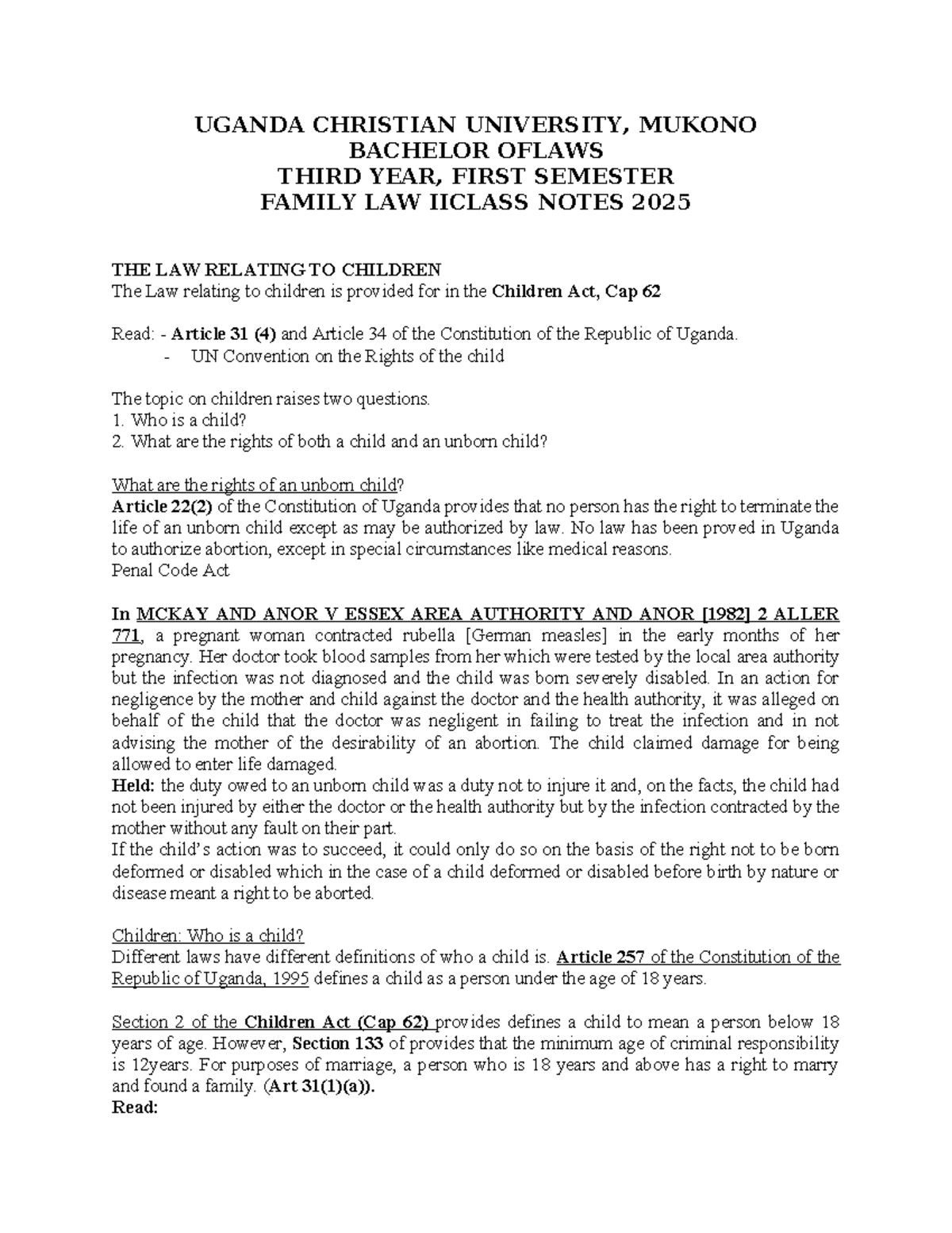 UCU LAW 2025: Family Law II - Class Notes on Children's Rights - Studocu