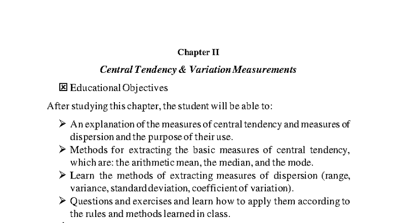 Chapter II: Measures of Central Tendency & Dispersion - Studocu