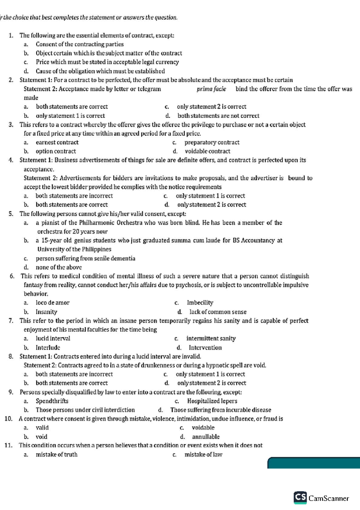 BL1 Final Exam: Essential Elements of Contracts and Vitiation of ...