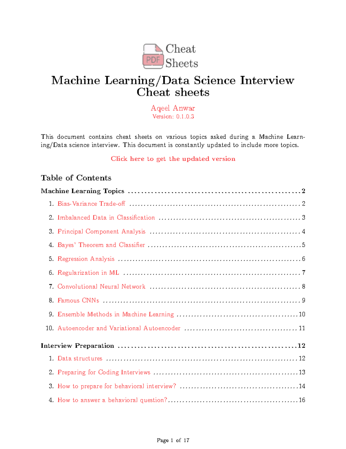 Machine Learning Interview Cheat Sheets (Version 0.1.0.3) - Studocu