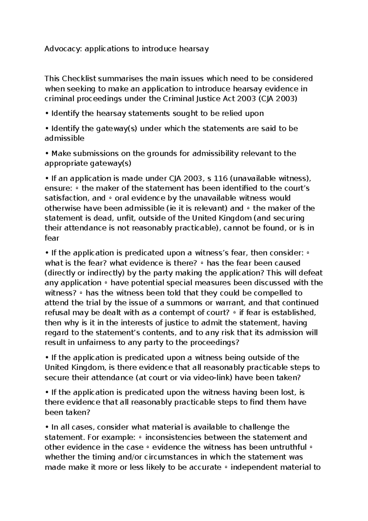 CJA 2003: Hearsay Evidence Application Checklist for Advocacy - Studocu