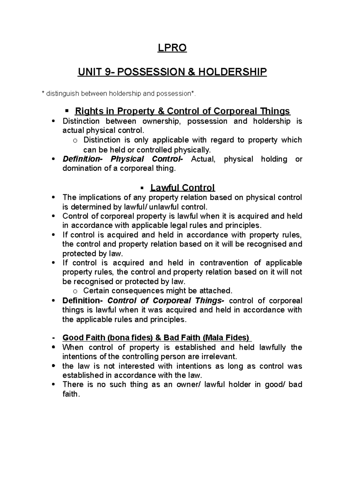 LPRO - Unit 9 Notes: Summary of Possession and Holdership Concepts ...
