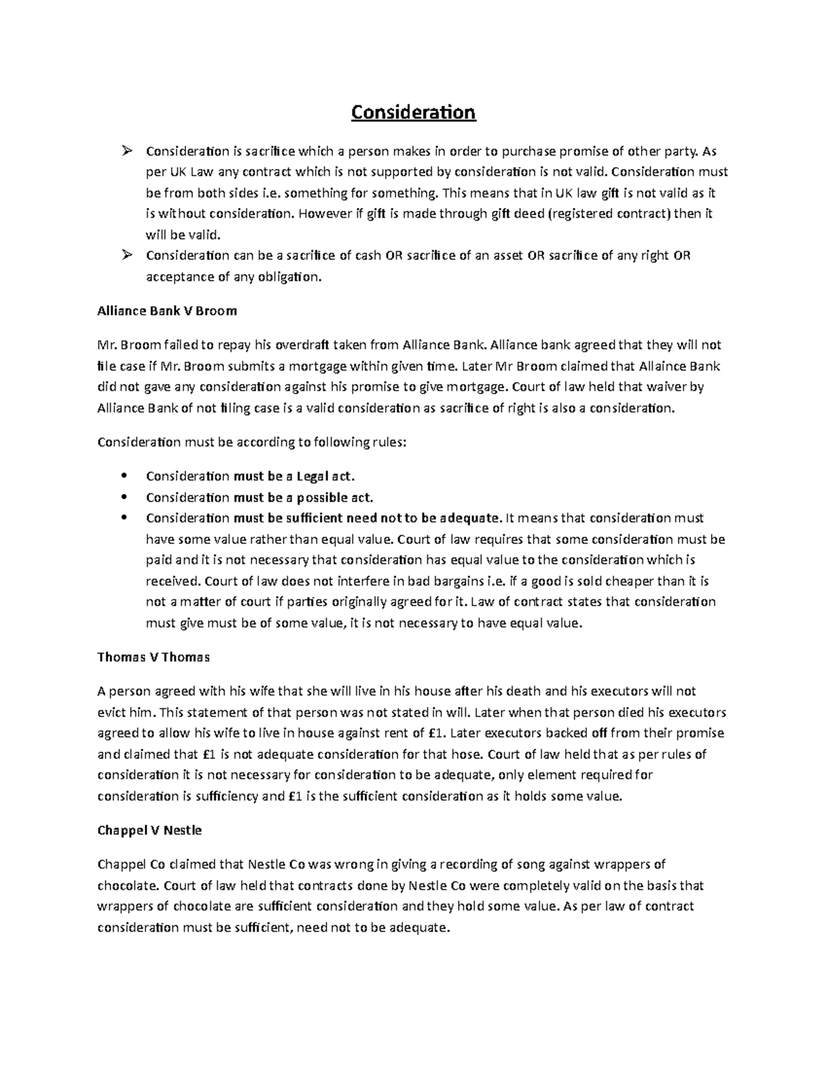 Law of Contract - Summary of Consideration Concepts and Cases - Studocu