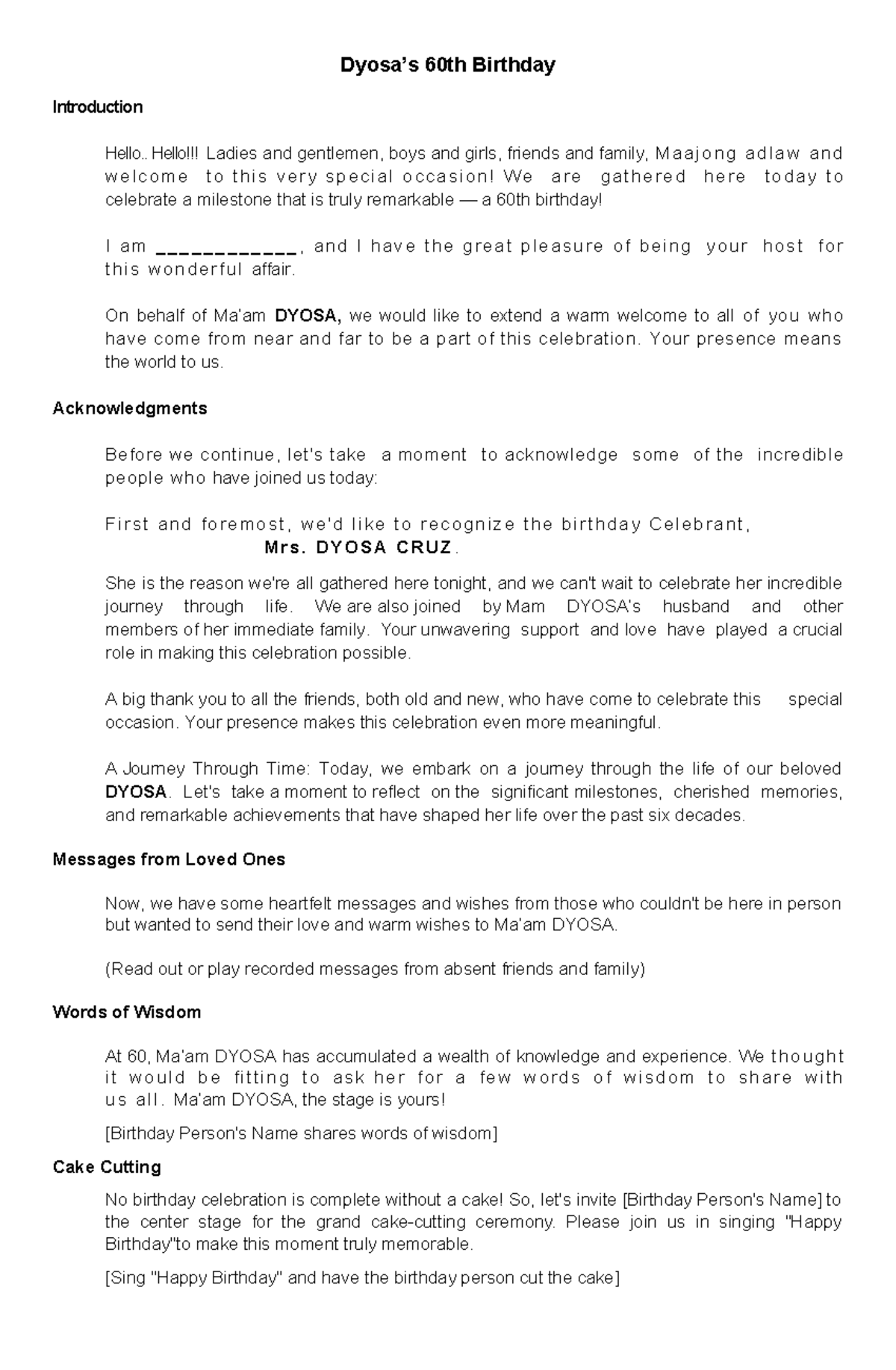 60th Bday Celebration Script for Ma’am DYOSA's Milestone Event - Studocu