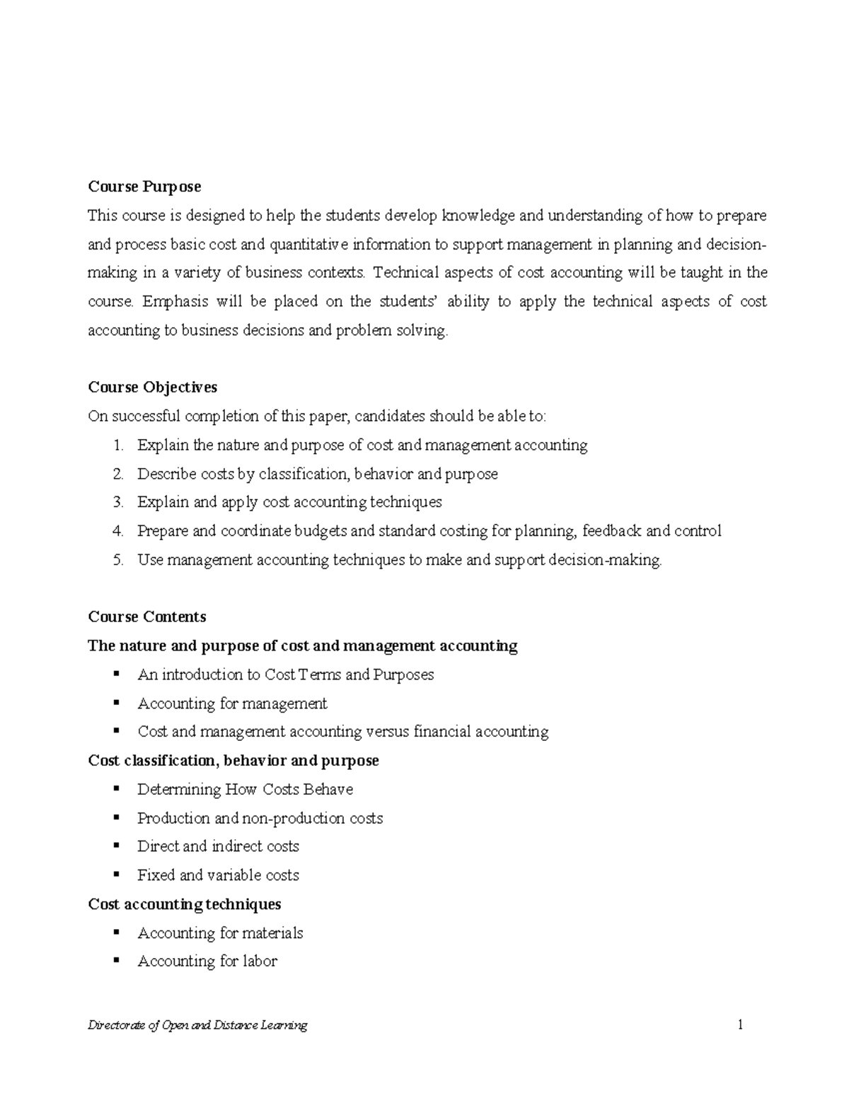 COST Accounting - lecture notes - Course Purpose This course is ...