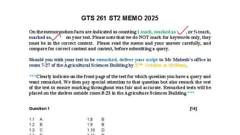 GTS 261 ST2 Semester Test 2 2025 MEMO Analysis and Guidelines - Studocu
