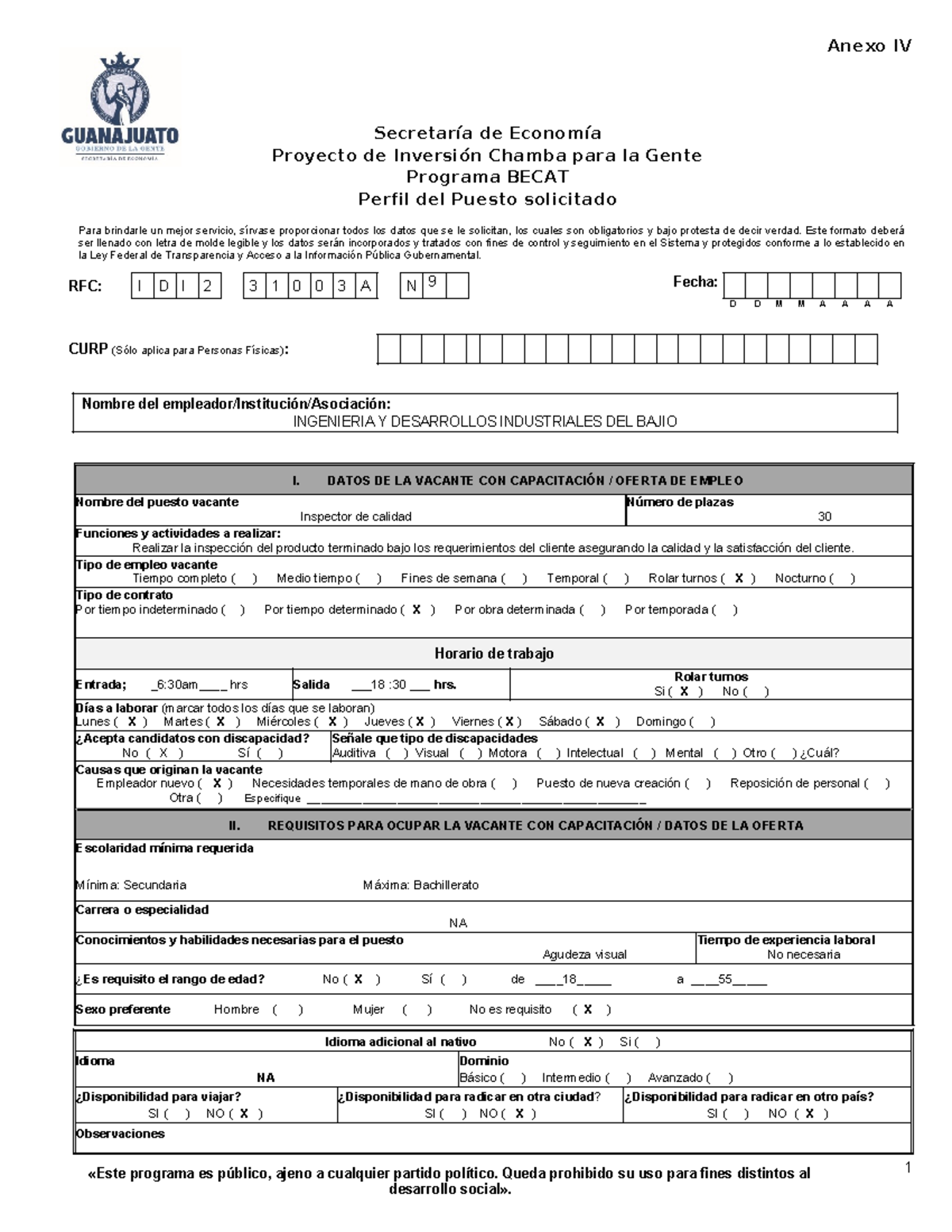 Anexo IV: Perfil del Puesto Solicitado - Programa BECAT 2025 - Studocu