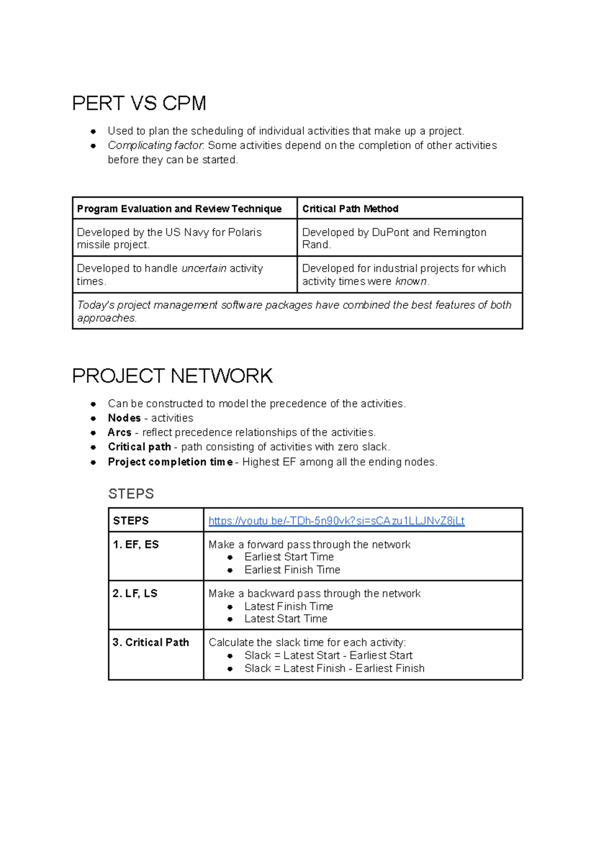 Module 6: PERT vs CPM Summary for Project Management Techniques - Studocu