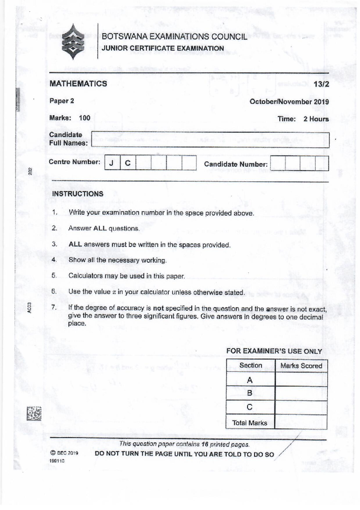 Maths JCE 2019 Paper 2 - Revision - introductory to mathematics - Studocu