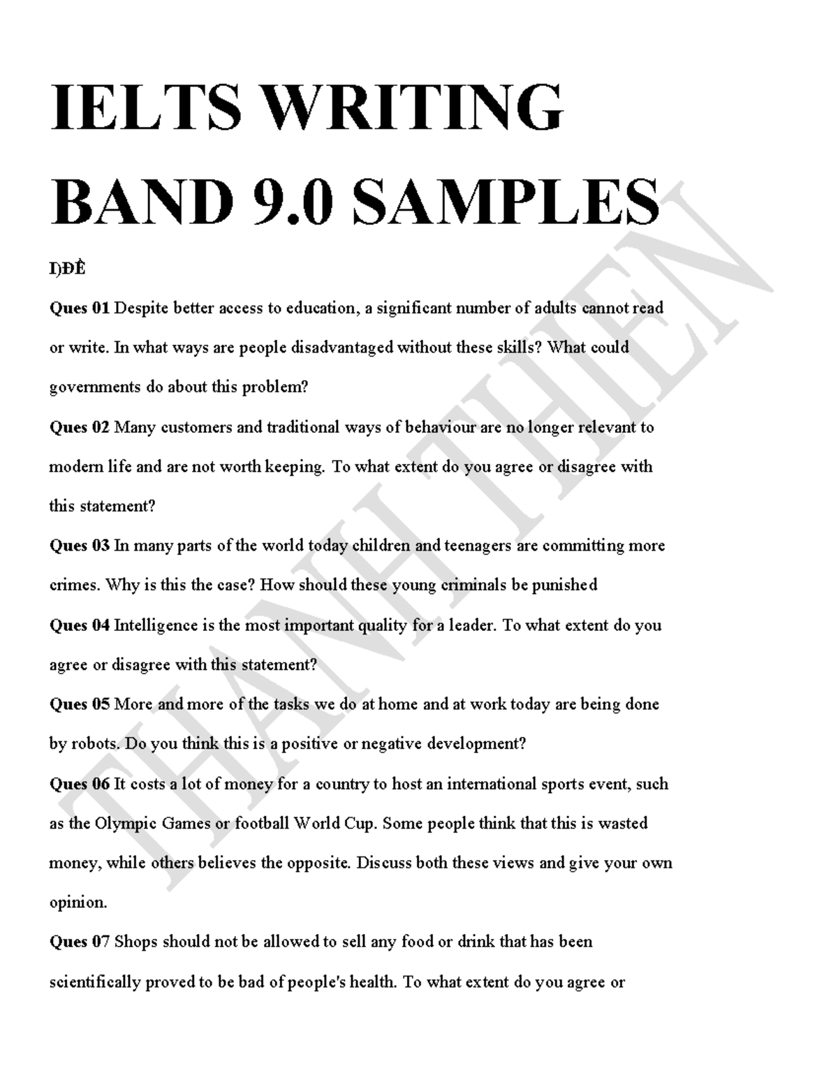 IELTS WRITING TASK 2 BAND 9.0 SAMPLE ESSAYS - Studocu