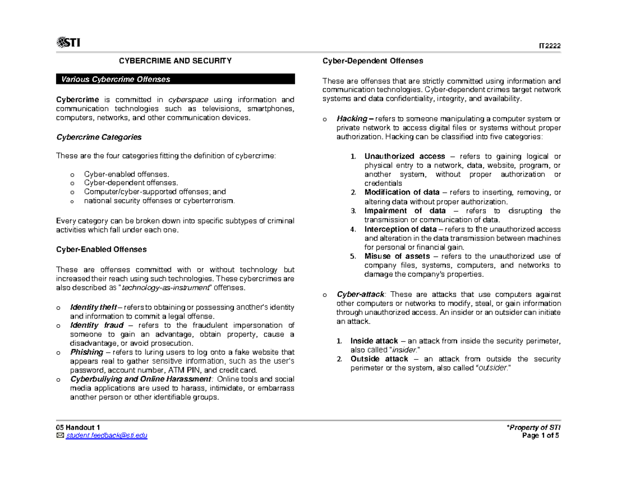 05 Handout 1 - Cybercrime Overview and Security Measures - Studocu
