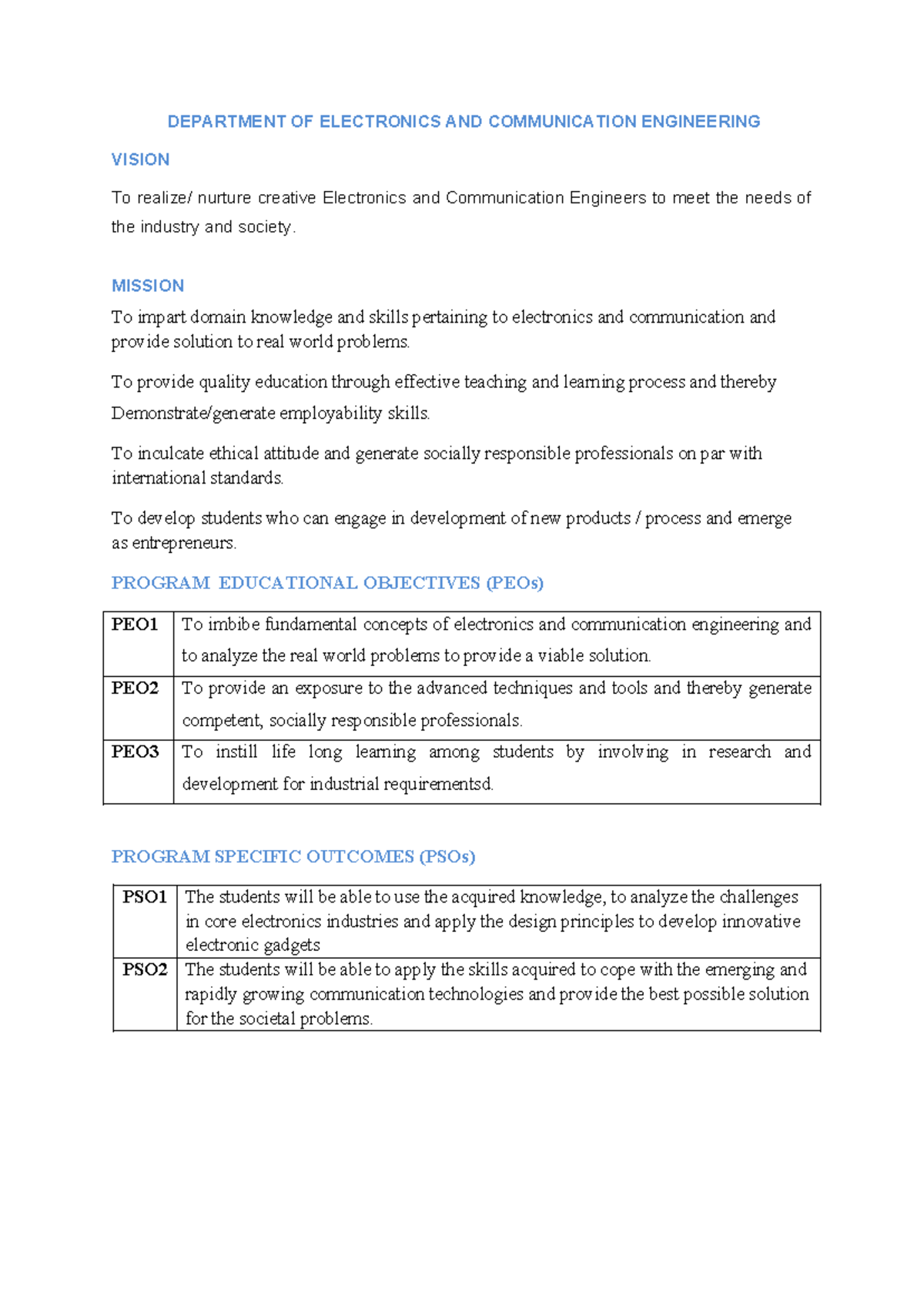 ECE Vision and Mission Statement for Engineering Students - Studocu
